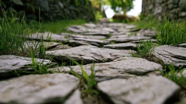 Stone path winding through lush green grass with soft focus background