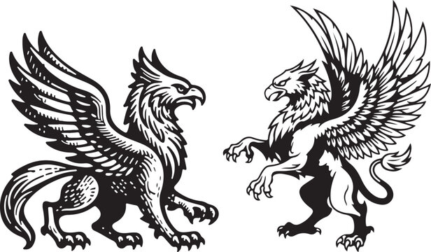 Heraldic Griffin and Gryphon Mascot Set Black and White Vintage Vector Illustration Collection