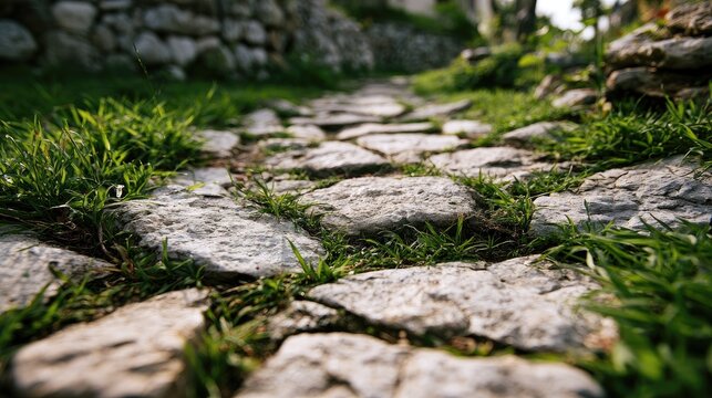 A low-angle view of a narrow, old cobblestone path with lush green grass