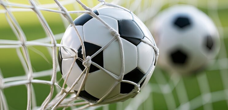 A soccer ball is caught in the netting of a goal, with another ball blurred in background