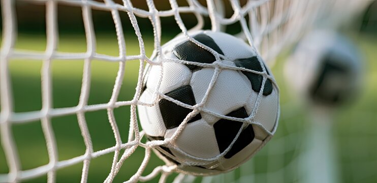 Soccer ball stuck in the net, goal achieved