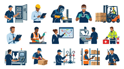 Fototapeta premium Diverse Industrial Workers in Flat Style with Technology and Machinery Icons