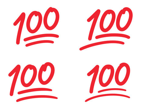Hundred points emoji icon set with 100-point symbols, perfect score, success, rating, and achievement graphics, clean editable vector