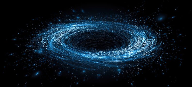 Swirling vortex of blue cosmic dust and light against a dark void