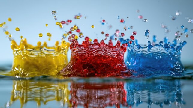 Three vibrant liquid splashes of yellow, red, and blue erupt in motion