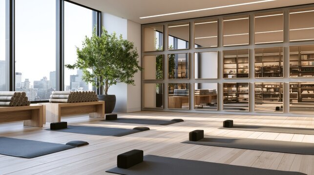 Serene yoga studio with large windows and city view, equipped for practice