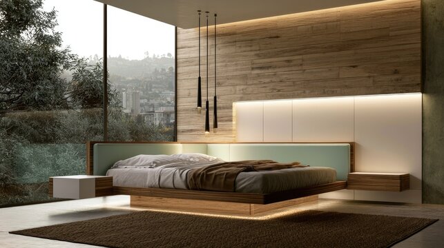 Luxurious modern bedroom with panoramic window, wood accent wall