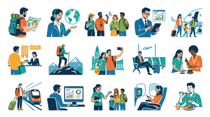 Fototapeta premium Flat Vector Travel Tourism Industry Scenarios: People Planning, Booking, Exploring, Dining