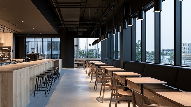 Modern interior of a spacious cafe with warm wood and a long counter