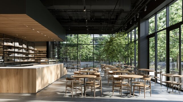Modern cafe interior with wood accents and large windows overlooking greenery