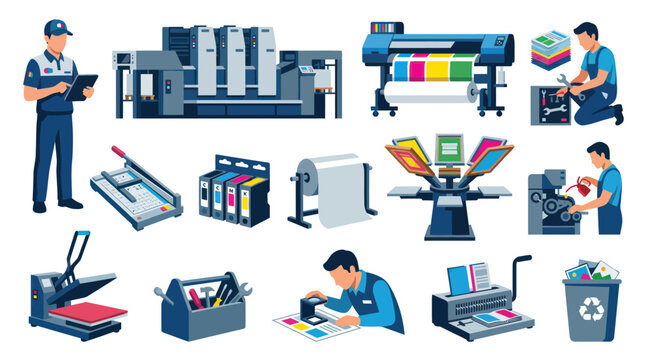 Flat Vector Illustration Set: Printing Industry Machines, Equipment, Workers  Production Process