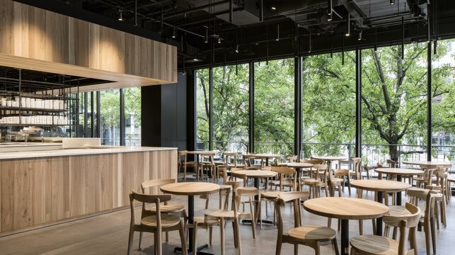 Modern cafe interior with light wood tables, chairs, and large windows