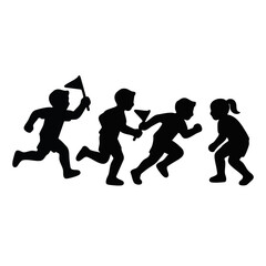 Obraz premium Kids flag relay race silhouette. Children running and passing flag vector illustration. Isolated sports graphic
