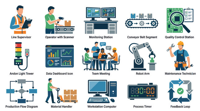 Industrial Automation Icons: Flat Style Icons for Manufacturing and Technology
