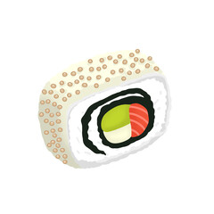 Sesame seed coated maki sushi roll with white rice, avocado, orange fish, and seaweed. Perfect for food blogs and asian cuisinethemed designs. © Sawah Maya
