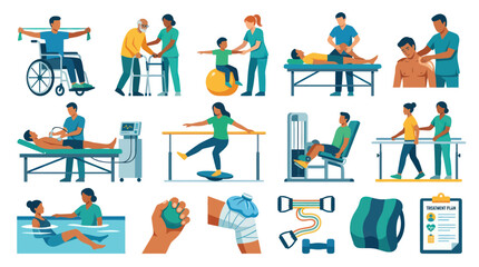 Fototapeta premium Physical Therapy and Rehabilitation Flat Vector Illustration Set for Medical Health and Recovery