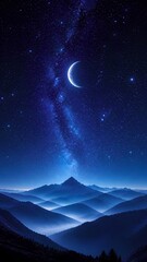 Fototapeta premium Crescent moon surrounded by billions of stars above misty mountains, elegant celestial landscape, calming blue tones, luxury minimalist wallpaper