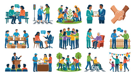 Fototapeta premium Community Support and Volunteering Flat Vector Illustration Set of Diverse People Helping, Caring, and Interacting