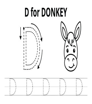 Letter D Tracing Worksheet with Donkey for Preschool Handwriting and Alphabet Practice