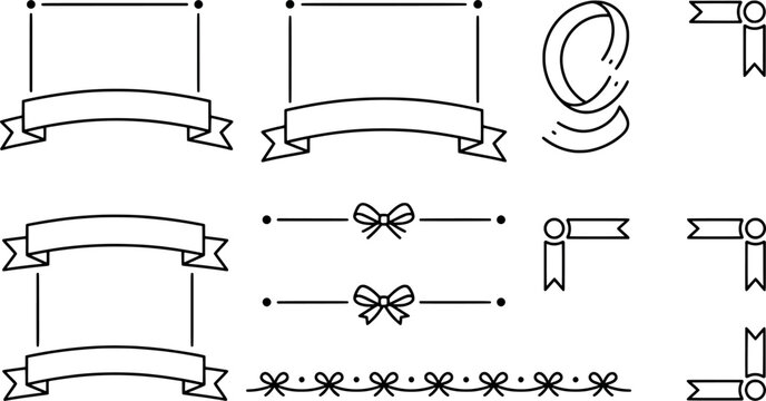 Set of handdrawn ribbon banners, bows, and decorative corner frames for bullet journals and planners transparent background