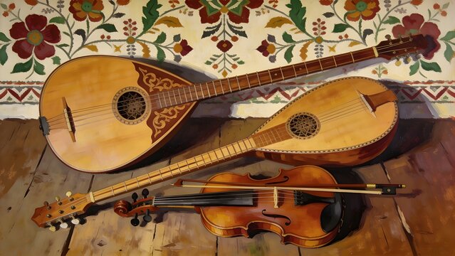 Traditional Bosnian folk ensemble with &scaron;argija, violin and gusle, rustic heritage illustration, intangible cultural heritage