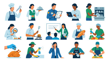 Fototapeta premium Food Industry Professionals and Tasks: Safety, Production, Service, and Hygiene Flat Vector Illustration
