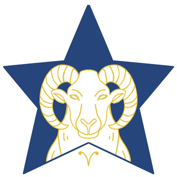 Blue star background with bold white lines forming a golden ram aries zodiac symbol. Suitable for astrologythemed designs and products.