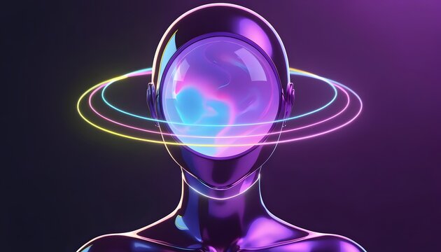 Metallic humanoid mannequin with glowing multi-layered light orbits. Artificial intelligence and cosmic energy web. Digital entity posing with a futuristic helmet visor.