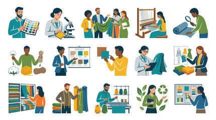 Fototapeta premium Flat Design Icons: Textile Industry Professionals and Processes Vector Art