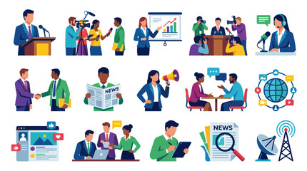 Fototapeta premium Flat Design Media and Journalism Icons: News, Interview, Broadcast, Press Conference