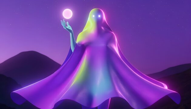 Vibrant spectrum colored spectral ghost floating above a dark mountain valley holding a light orb. Virtual reality and deep space concepts. Glowing digital entity looking forward.