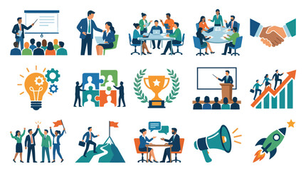 Fototapeta premium Business Meeting Icons: Teamwork, Success, Presentation, Strategy, Growth, Flat Art