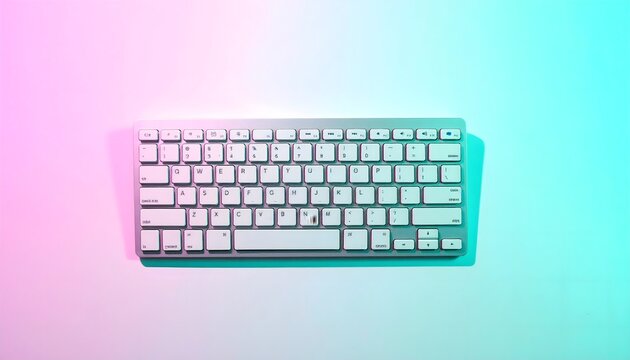 Teclado de ordenador sobre fondo degradado rosa y turquesa en composici&oacute;n minimalista de tecnolog&iacute;a y trabajo digital