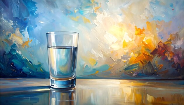 Vaso de agua sobre mesa reflectante con fondo art&iacute;stico abstracto en tonos azules y c&aacute;lidos