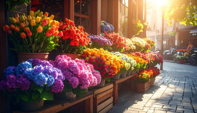 Puesto de flores coloridas en una calle urbana iluminada por luz c&aacute;lida en ambiente de mercado al aire libre