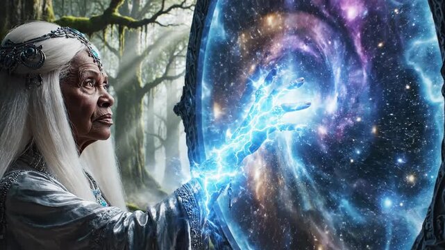 Elderly fantasy sorceress casting magic spell on glowing space portal