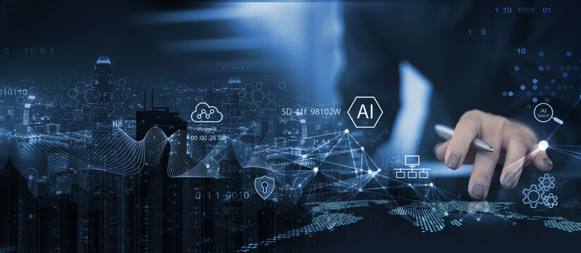 Digital network with AI icons over laptop and smartphone, global data connections, cybersecurity and cloud computing in modern tech workspace.