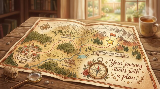 Fantasy adventure map spread on a wooden table with compass, magnifying glass and tea, inspiring planning and exploration