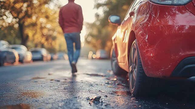 A person walks away from a red car parked on wet street, suggesting staged accident for insurance fraud. Tense atmosphere, urban setting with autumn leaves. Concept of deception in financial claims.