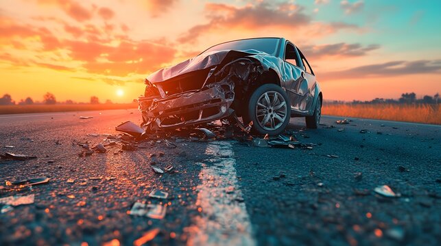 Damaged car staged on road at sunset with shattered glass and debris, conveying insurance fraud tension. Dramatic lighting, realistic crash scene for legal or financial crime contexts.