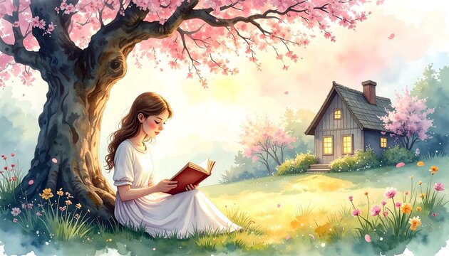 Ni&ntilde;a leyendo un libro bajo un &aacute;rbol en flor en un paisaje ilustrado de cuento con casa al fondo