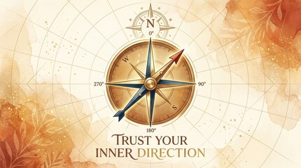 Fototapeta premium Compass on vintage map background with inspirational text 