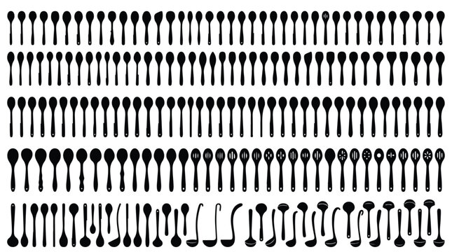 Vintage spoon silhouettes collection, antique cutlery and kitchen utensil set, black silverware icons for restaurant menu design, vector flat icons