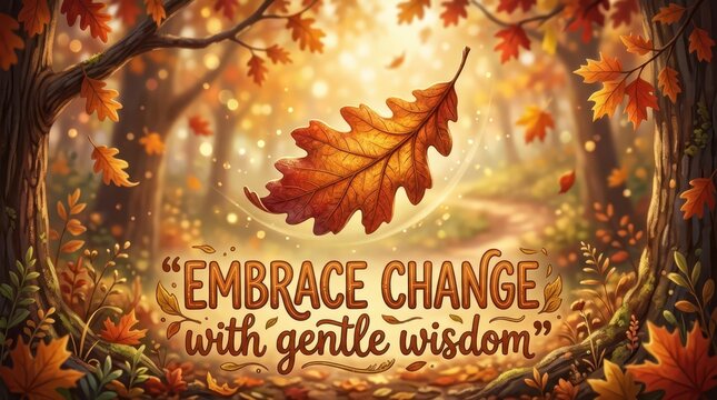 Autumn Forest Path with Falling Leaves and Inspirational Quote "Embrace Change with Gentle Wisdom"