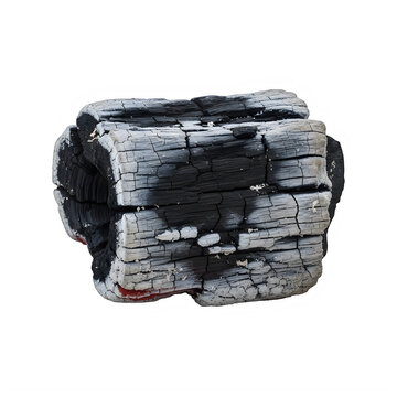 Single piece of natural burnt wood charcoal on transparent background with charcoal textured cracked