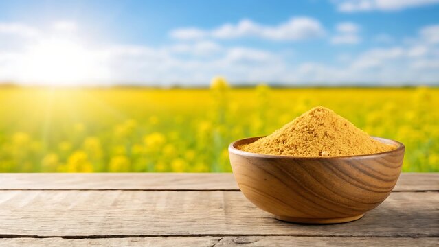 Wooden bowl filled with mustard powder on a rustic table against a vibrant blooming yellow rapeseed field