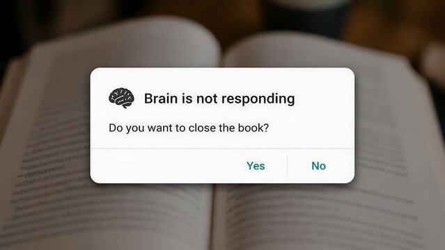 Digital pop-up window with brain is not responding text displayed over an open book during intense study