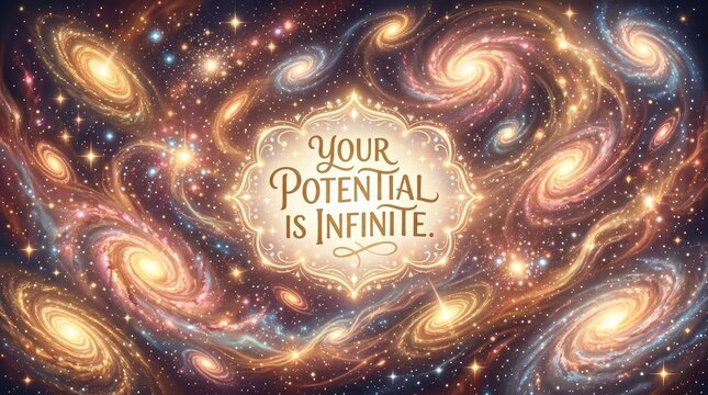 Inspirational quote "Your Potential Is Infinite" superimposed on a vibrant, swirling galaxy nebula with stars
