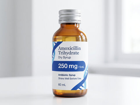 Amoxicillin antibiotic dry syrup bottle on a table