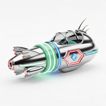 Retro Futuristic Ray Gun with Neon Lights on White Background.